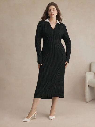 BizChic 大码秋冬休闲拼色圆领修身毛衣连衣裙