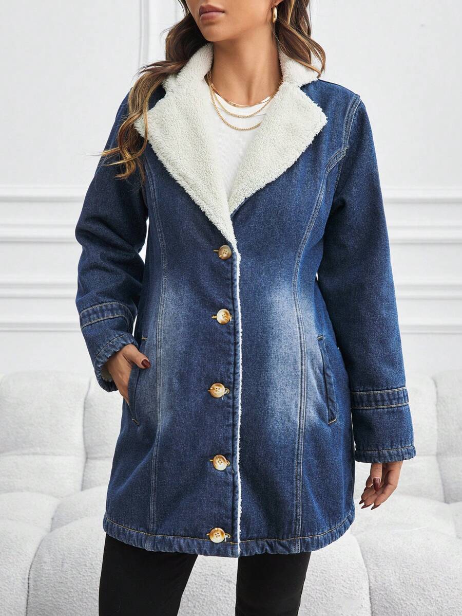 SHEIN Maternity Denim Jacket With Lining, Casual Long Sleeve Fitted Blue