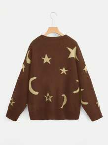 ROMWE Hippie Brown Star & Moon Loose Casual Sweater For Women, Autumn/Winter - Brown - View 2