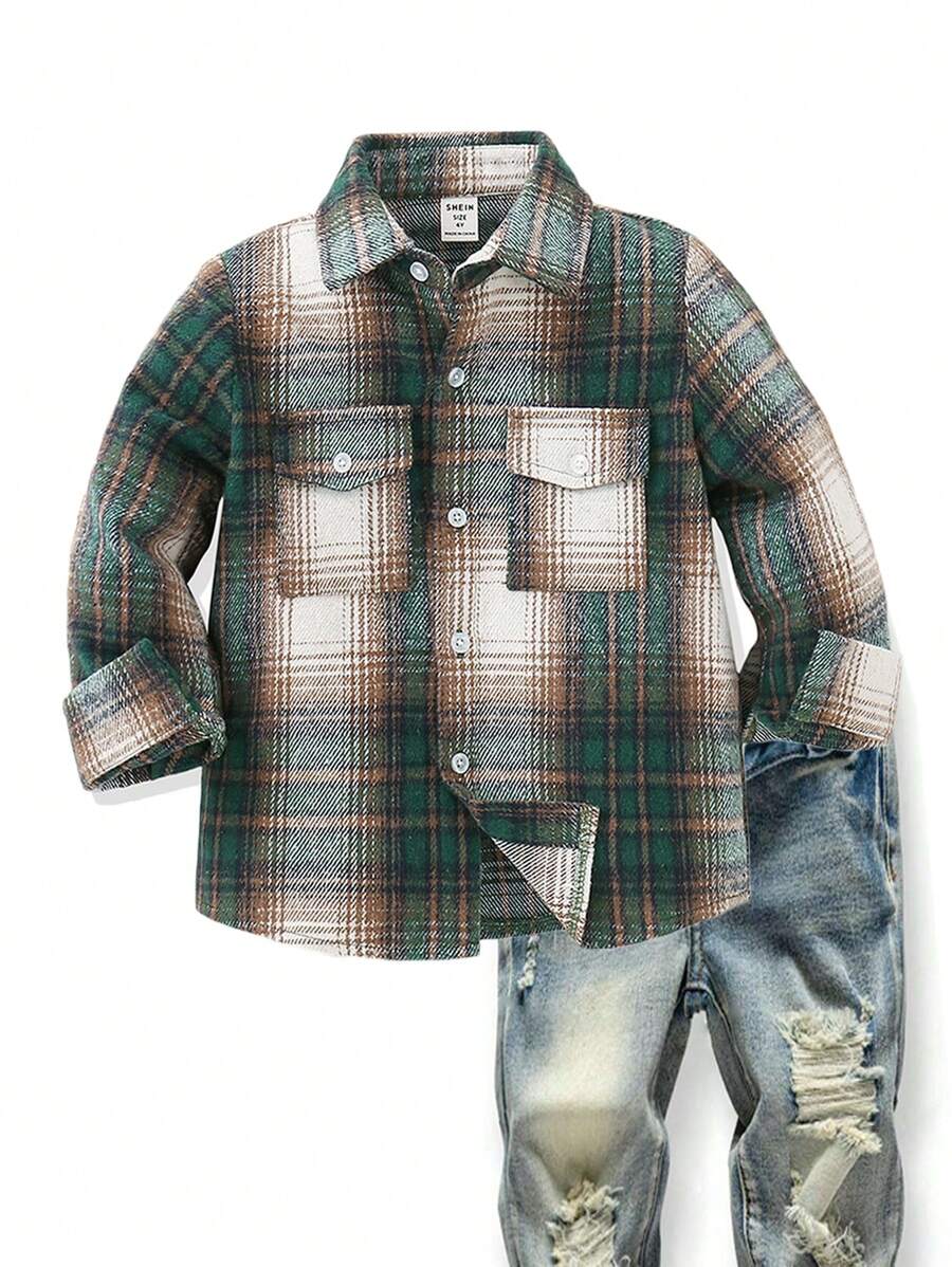 SHEIN Young Boy Multi-Color Plaid Long Sleeve Shirt With Pocket Decor, Warm And Comfortable, Suitable For Daily Casual Wear And School/Travel - Multicolor - View 1