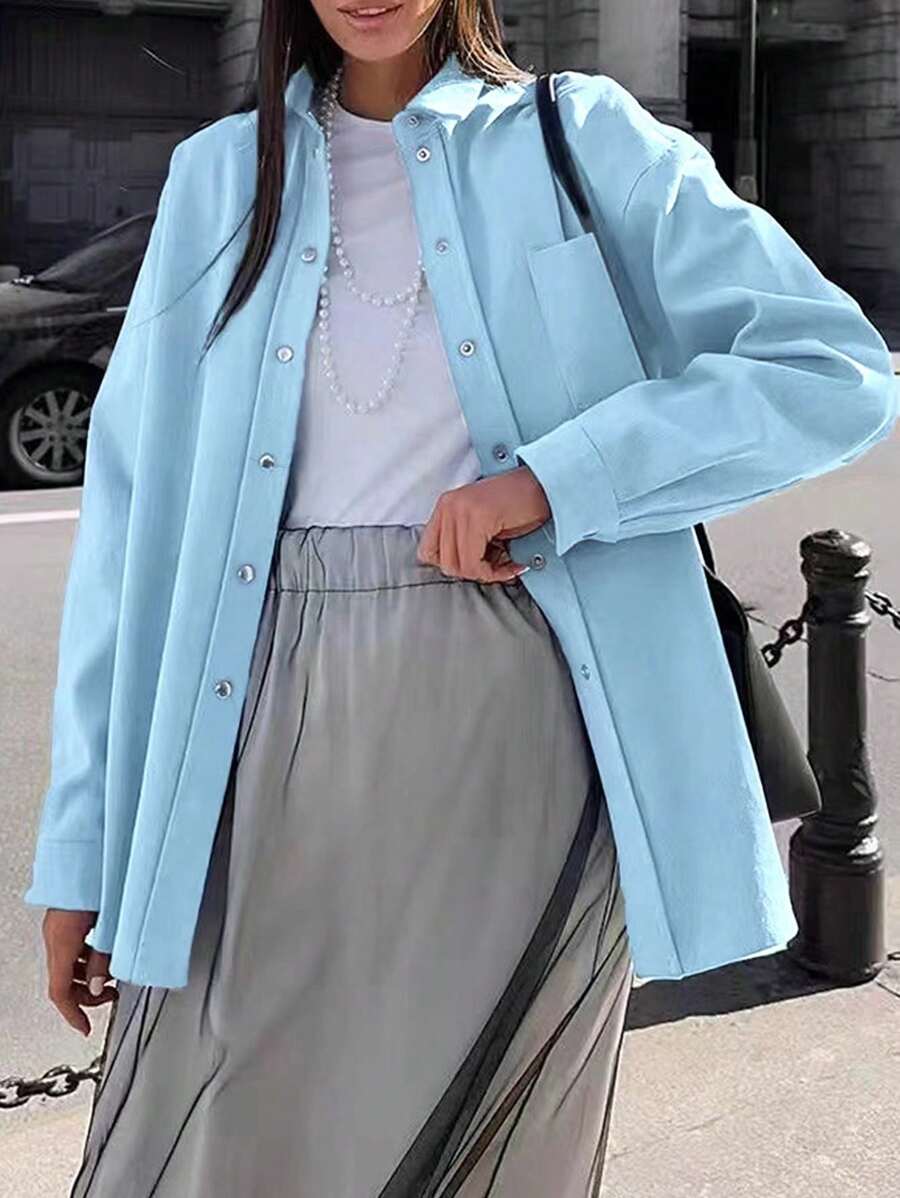 INAWLY 女士纯色前扣口袋休闲长袖衬衫