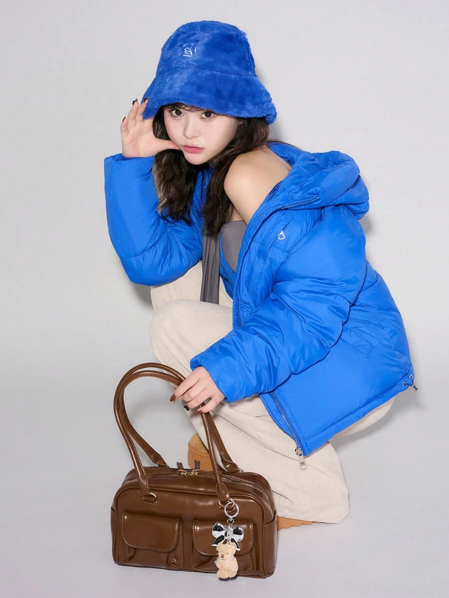 Aveloria Affinna ユニセックス ドーパミンカラー クロップドパフジャケット 厚手 ルーズ メタルジップアップ ポケット付き レディース - ロイヤルブルー - チェックする 1