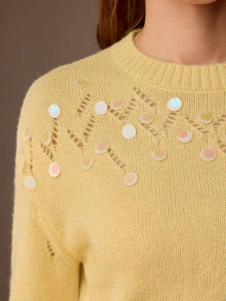 SOLID CONTRAST SEQUIN DETAIL DROP SHOULDER OVERSIZE SWEATER