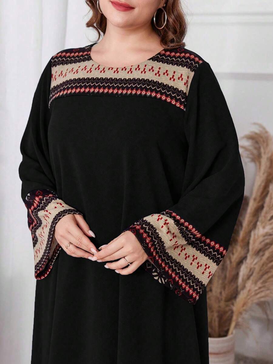 Al Najma 女式圆领拼布休闲大码连衣裙,端庄休闲束腰连衣裙,适合日常休闲/居家长款女装秋季女装 - 黑色 - 查看 1