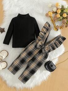 女婴休闲复古纯色立领长袖 T 恤和格子荷叶边围兜裤套装 - 彩色 - 查看 1