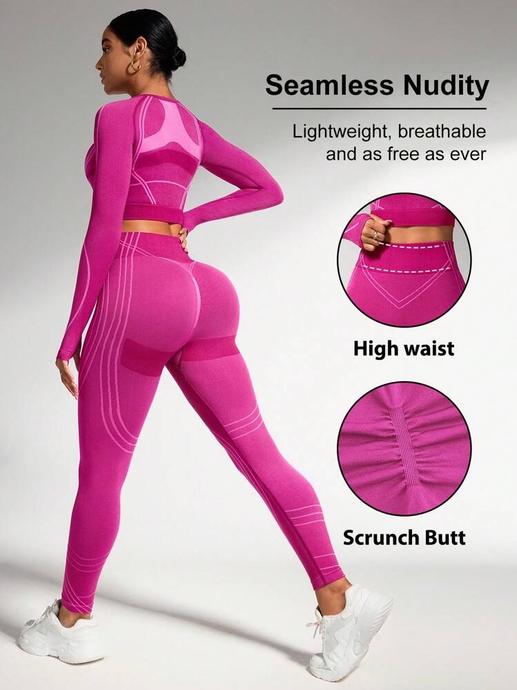 Core Rhythm 无缝女士条纹圆领插肩袖T恤和紧身裤运动服套装，适合春节健身穿着 - 酒紅色 - 查看 1