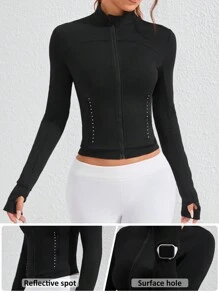 Women Solid Color Front Zipper Long Sleeve Casual Sports Jacket - Black - View 1