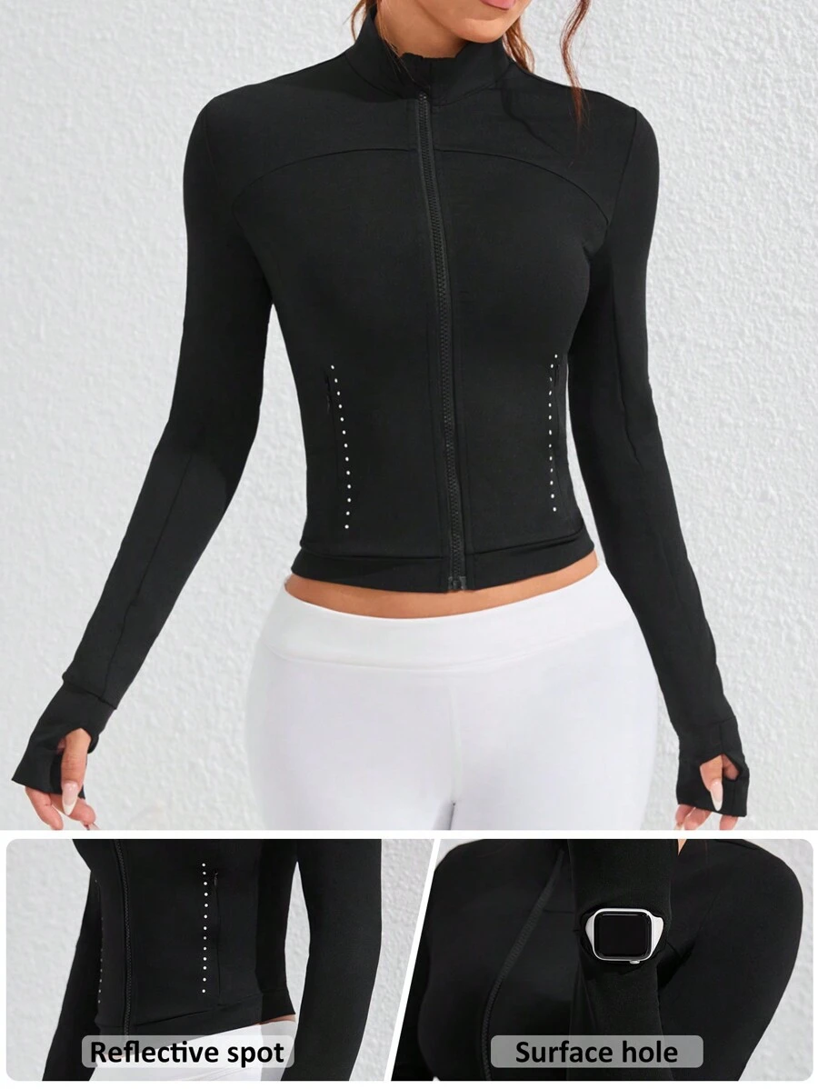 Women Solid Color Front Zipper Long Sleeve Casual Sports Jacket - Black - View 1