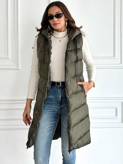 EURMUSE Women's Solid Color Zip-Up Hooded Long Casual Vest Jacket, Winter