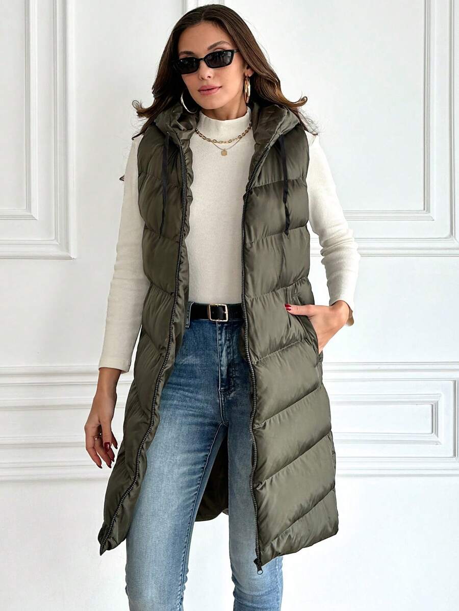 EURMUSE Chaleco casual con capucha y cremallera de unicolor para mujer, para invierno - Verde Oscuro - Ver 1