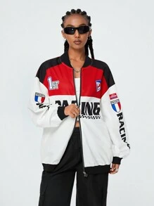 Coolane Veste bomber tendance pour femmes avec graphique lettrage et bord rayé à épaules tombantes