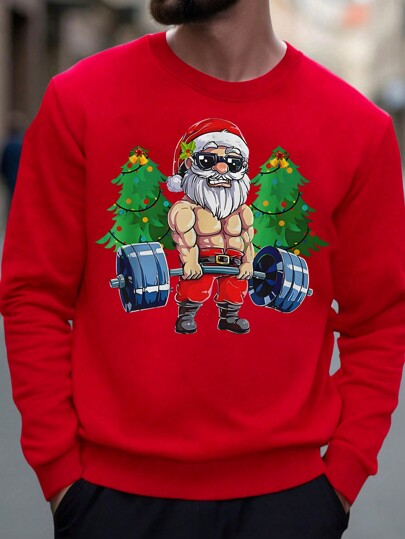 Christmas Men Casual Fashionable Cartoon Santa Claus Lifting Weights In Forest Print Pullover Crew Neck Fleece Sweatshirt Suitable For Christmas Party, Autumn/Winter