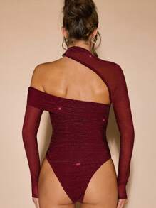 SHEIN BAE 女士秋冬长袖网眼不对称领收腰修身上衣 - 酒紅色 - 查看 2