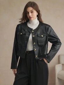 BizChic Women Plus Size Fashionable PU Leather Short Jacket For Autumn