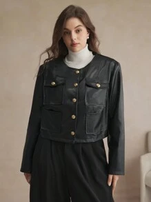 BizChic Women Plus Size Fashionable PU Leather Short Jacket For Autumn