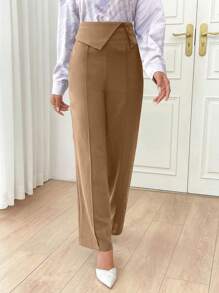 Modelyn Women Elegant Loose Flare Leg High Waist Front Crease Detail Work Pants - Camel - View 4