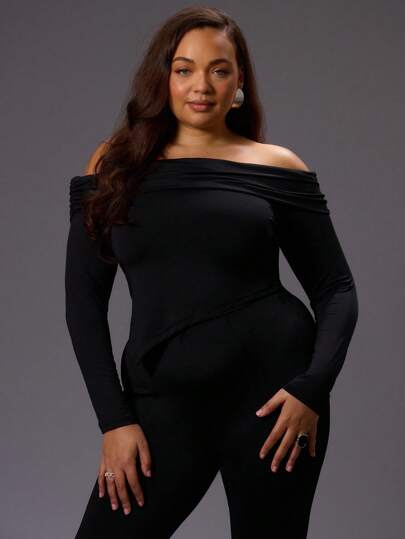 MUSERA 大码修身不对称下摆长袖露肩上衣，仅适合外出、派对、夜店、锐舞派对、演唱会、节日、性感约会、春夏假日穿着。