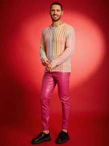 WENEZON Men's Fashion Casual Gradient Round Neck Loose Knit Colorful Pullover Long Sleeve Sweater, For Autumn/Winter, Party, Friends - Multicolor - View 2