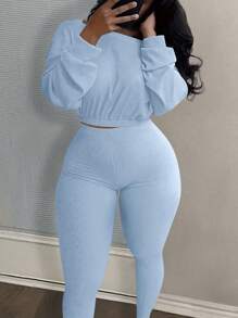 Slaydiva Plus Size Casual Solid Blue Short-Length Boat Neck Loose-Waist Top With Long Sleeves And High-Waisted Slim Fit Pants Two-Piece Set, Fall/Winter - Blue - View 1