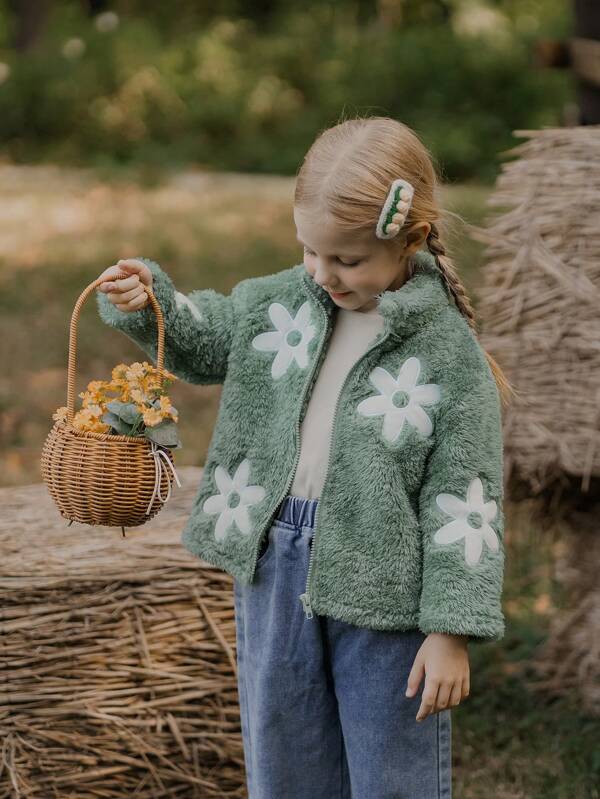 SHEIN Young Girl Floral Embroidered Fleece Jacket, Winter Casual