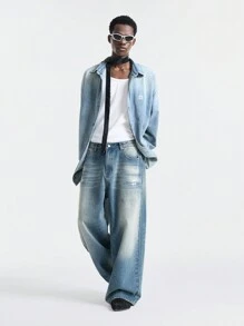 NEON BLANC Men's Embroidery Contrast Color Pocket Casual Loose Fit Denim Jeans