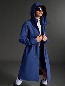 SHEIN Sports Women Solid Color Long Sleeve Drawstring Waist Long Casual Hooded Sports Jacket - Navy Blue - View 4