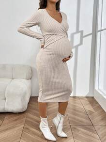 SHEIN Apricot Soft Fabric Overlapping Ruched Maternity Long Sleeve Nursing Dress, Autumn/Winter - Apricot - View 3