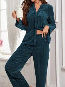 Front Open Long Sleeve Top & Pants Velvet Ladies Pajama Set