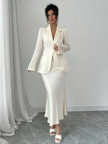 Elenzga 1 Set Solid Color Single Button Long Sleeve Blazer And A-Line Skirt Elegant Suit