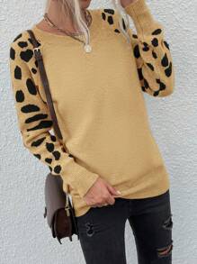 SHEIN LUNE Women Round Neck Long Sleeve Dalmatian Patchwork Minimal Casual Pullover Sweater Knit Pullover Fall Winter - Khaki - View 5