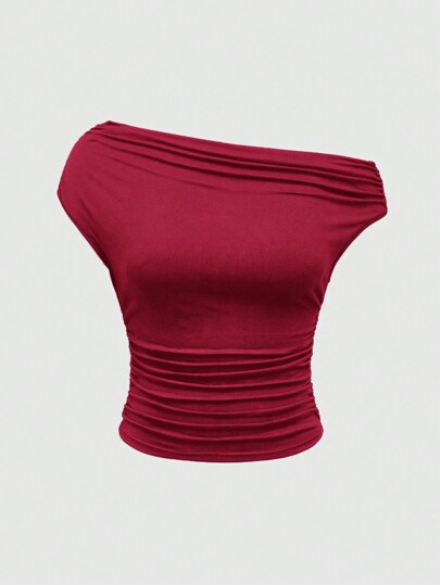 Grunge Punk T-shirt femme à épaules obliques froncées, style rétro Harajuku Y2K Millennium