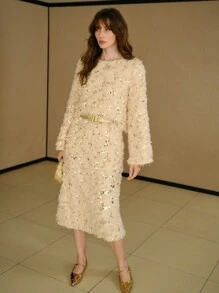 MOTF STUDIO SEQUINS FUZZY A LINE SKIRT, NEW YEAR - Apricot - View 6