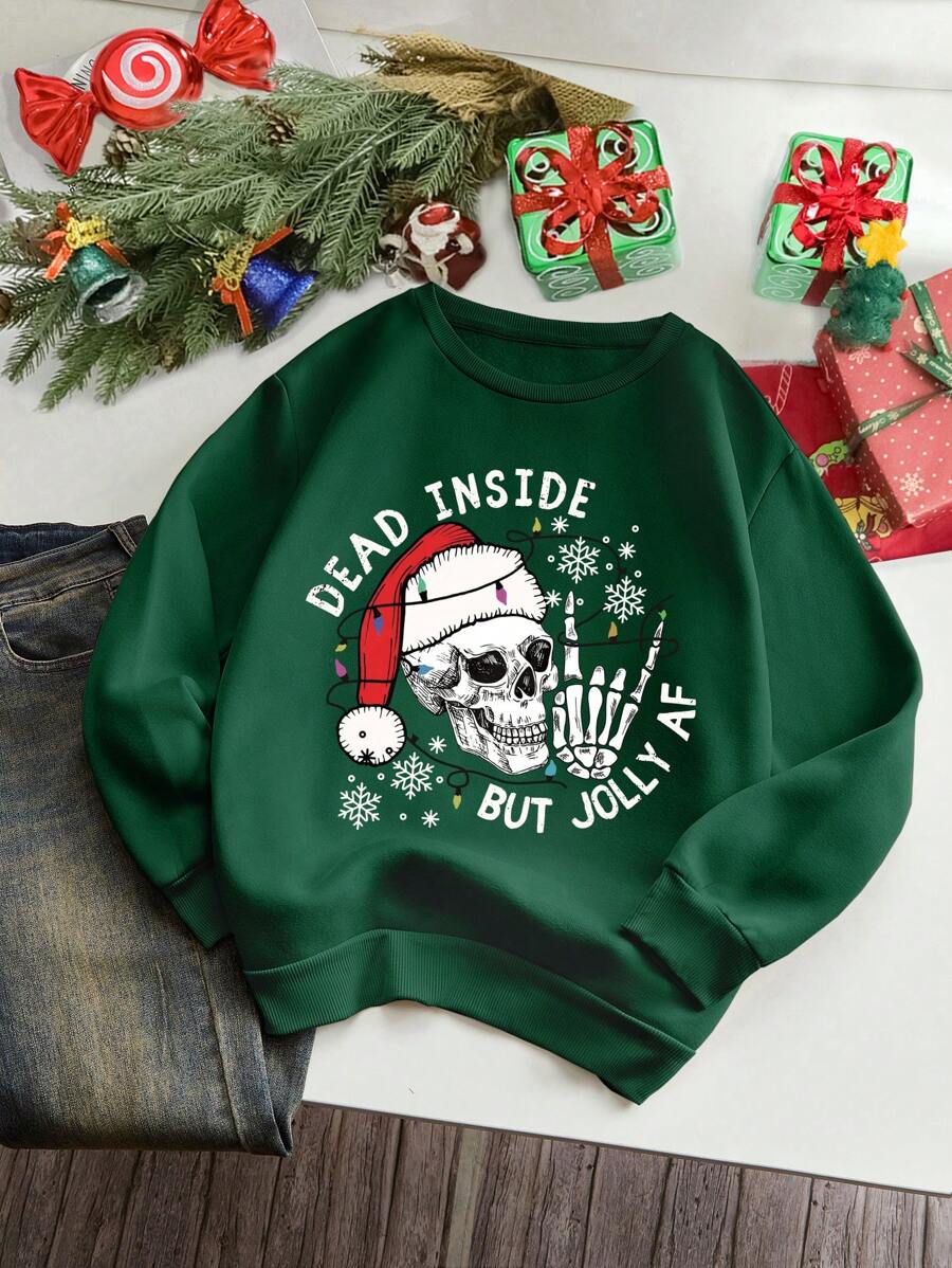 INAWLY Women's Casual Crew Neck Long Sleeve Skeleton Print Sweatshirt, Daily Wear,Long Sleeve Tops Pullover Fall Outfit - Dark Green - View 1