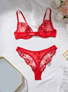 2pcs/Set Romantic Embroidered Sheer Mesh Underwire Lingerie Bra And Panty Set - Multicolor - View 2