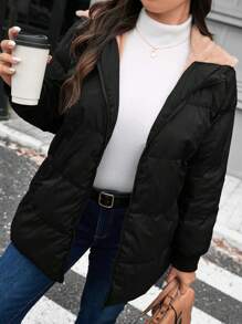 SHEIN LUNE Abrigo acolchado con cremallera frontal con capucha de unicolor de manga larga para mujer talla grande, conjunto de ropa de invierno térmica para vacaciones