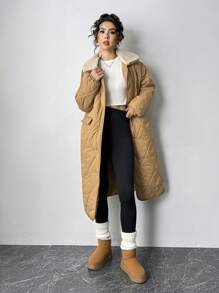 SHEIN Essnce 冬季卡其色中长款加厚保暖羽绒服女可拆卸仿毛领中长款大码派克大衣原宿风夹克纯色女装外套冷天气衣服 - 杏色 - 查看 6