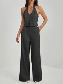 SHEIN Tall 办公室女士V领露背无袖上衣+阔腿裤修身加长套装 - 深灰色 - 查看 5