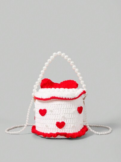 Kawaii Einfache, legere Stofftasche für Frauen mit Farbblockdesign und Dekor mit Kunstperlen zum Valentinstag