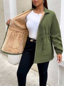 SHEIN Essnce 大码女装秋冬时尚休闲宽松大码保暖绿色腰长袖高领中长外套，冬季女装，曲线装，高领女式夹克，感恩节 - 卡其色 - 查看 6