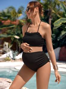 SHEIN 孕妇纯色吊带露背泳衣上衣夏季 - 黑色 - 查看 1