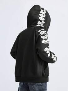 SHEIN Sudadera con capucha con cremallera para niñas preadolescentes de otoño/invierno, sudadera oversize negra con estampado de letras de Halloween Y2K