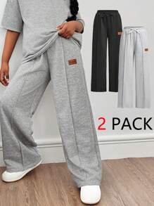 SHEIN Tween Girls Casual Text Straight Leg Long Knit Sweatpants - Multicolor - View 1