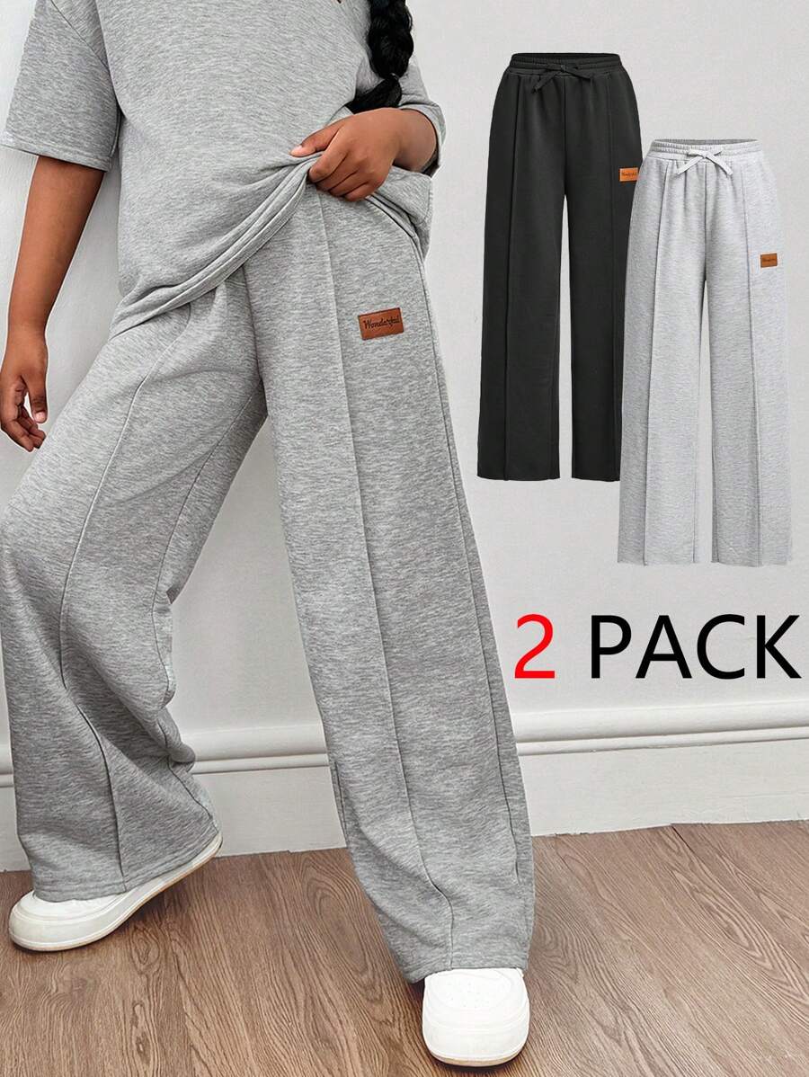 SHEIN Tween Girls Casual Text Straight Leg Long Knit Sweatpants - Multicolor - View 1