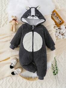 SHEIN Baby Boys' Colorblock Cartoon Cute 3D Ear Embroidery Plush Warm Hooded Romper, Autumn/Winter
