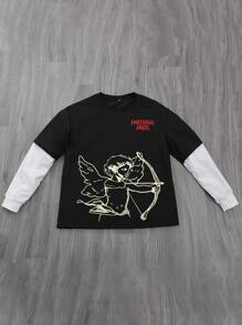 Manfinity EMRG Men's Cartoon Angel Letter Print Crew Neck Long Sleeve Pullover Sweatshirt, Autumn Street Wear Graphic Color Block Sweatshirt, For Friends, Husband, Boyfriend Gifts