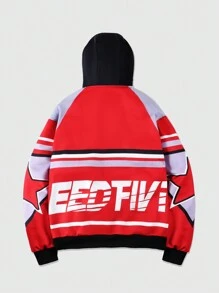 ROMWE MEN Street Life Men's Racing Letter Print Long Sleeve Hooded Cropped Zip-Up Sweatshirt, Street Style - Red - View 2