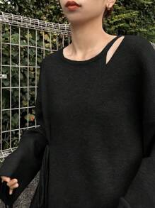 FRIFUL Women's Solid Color Long Sleeve Tie Hem Minimalist Sweater, Casual For Daily Wear Fall - Black - View 4