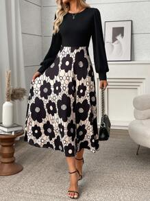 SHEIN Clasi Black Floral Print Patchwork Elegant Dress, For Autumn