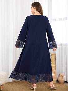 Al Najma 海军蓝蕾丝拼布荷叶边下摆大码连衣裙，朴素休闲 A 字形长裙，适合日常休闲