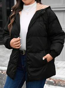SHEIN LUNE Abrigo acolchado con cremallera frontal con capucha de unicolor de manga larga para mujer talla grande, conjunto de ropa de invierno térmica para vacaciones